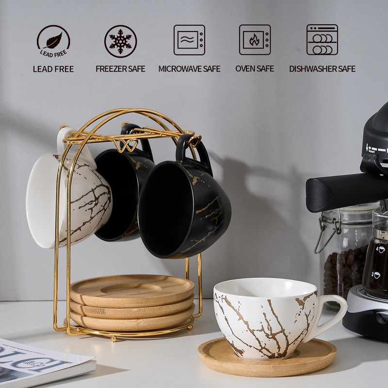 LUKA Ceramic Demitasse Espresso Cups Set with Saucers and Metal