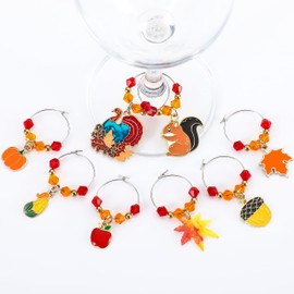 Sasylvia 8 Pieces Thanksgiving Wine Glass Charms Harvest Glass Markers Fall Wine Charms Rings Maple Leaf Pumpkin Acorn Glass Identifiers Wine Glass Tags for Stem Glasses Tasting Party Gift Decoration(Maple Leave)