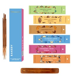Folkulture Incense Sticks with Holder - Set of 6-120 Non Toxic Incense Sticks Bakery Themed - Vanilla Caramel, Blueberry, Strawberry, Cinnamon Insense Sticks, Organic, Slow Burning Inscents
