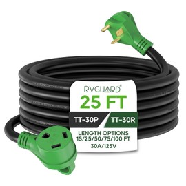 RVGUARD 30 Amp 25 Foot RV Extension Cord, Heavy Duty 10/3 Gauge STW Cord with LED Power Indicator and Cord Organizer, TT-30P/R Standard Plug, Green, ETL Listed