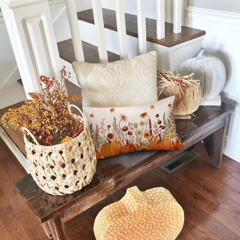 RABUSOFA Fall Pillow Covers 12x20 Floral Orange Pumpkin Decoration Outdoor