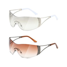 TIANYESY Y2K Sunglasses For Women Men Fashion Shield Rimless Wrap Around Sunglass Gradient Lens Trendy Oversize Sun Glasses (Silver+Gradual Tan)
