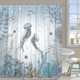 YDIAN - Cortina de ducha de medusas de mar océano, concha, medusa, concha, playa, concha, vida marina, tela impermeable, cortina de baño de color verde azulado con 12 ganchos, 70 x 70 pulgadas