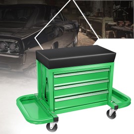 PM PERFORMOTOR 3-Drawer Tool Chest Rolling Mechanic Seat with Tool Trays,350lbs Max Weight Capacity, Green,PM-TOL-RST1-GR
