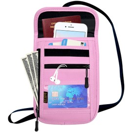 RFID Blocking Travel Neck Wallet Pouch and Passport Holder, Travel Neck Pouch Passport Holder for Women & Men - Pink