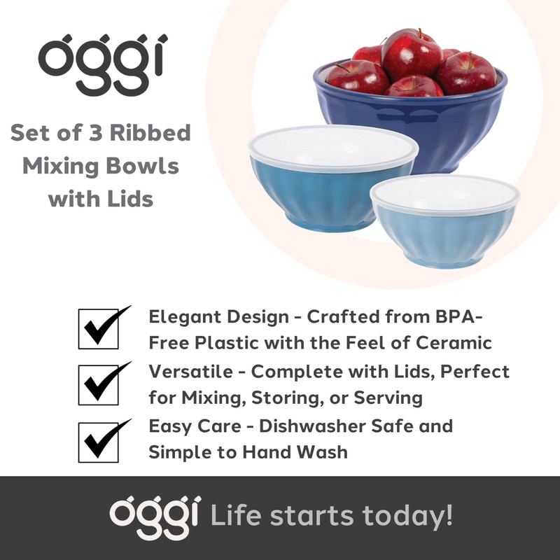 Oggi Set of 3 Ribbed Mixing Bowls with Lids -