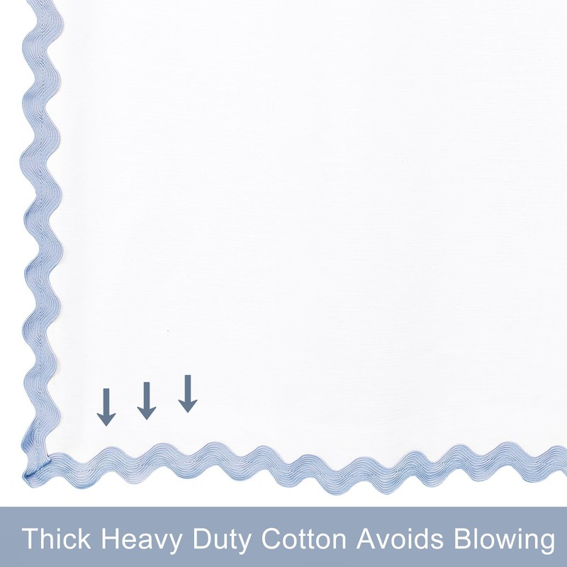 Scalloped Shower Curtain Cotton Blue White for Bathroom Textured 72x84