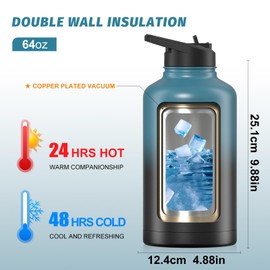 64oz Insulated Water Bottle (Cold for 48 Hrs),BPA Free&Leak Proof,Half Gallon Stainless Steel Water Flask,Water Jug with Straw Spout Lids for Gym,Hiking,Camping,Black Blue