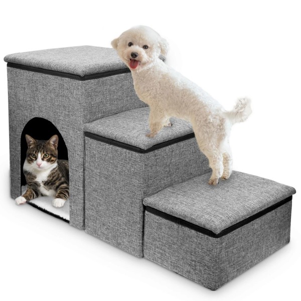 Fhiny Dog Stairs with Storage, 3-Steps Foldable Pet Stairs for