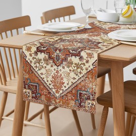 Kerton Stork Boho Table Runner Orange Beige Linen Table Runners 72 Inches Long - Farmhouse Heat Resistant Waterproof Runner for Coffee Dining Kitchen Living Room Table, Rustic