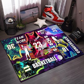 Basketball Non-Slip Area Rugs, Sports Jersey Colorful Graffiti Basketball Carpet, 60”x40” Low-Pile Mat Floor Carpet for Men Boys, Modern Cool Home Bedroom Living Room Decor