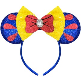 Bolonar Mouse Ears Headband for Women Adult, Red Bows Princess Hairband with Beads Sequin Ears