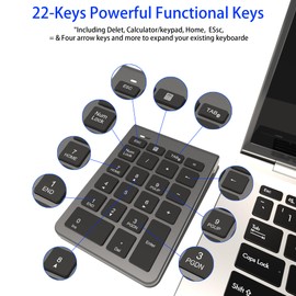 Bluetooth Number Pad, Wireless Numeric Keypad with 22 Keys - Portable Numpad for Laptop/Desktop/MacBook/Surface Pro/Windows/Android/iOS - Quiet Keys 33ft Range & Ergonomic Design​