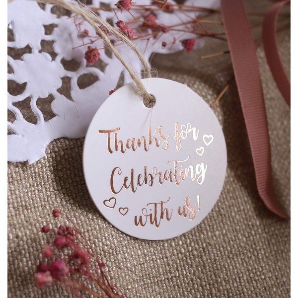 Thank You Gift Tags, Rose Gold Foil, 30 Pack, Thanks for Celebrating with Us, Party Hearts Collection (Rose Gold Tags Round Circle 2)