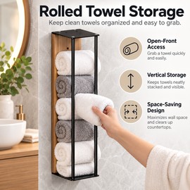Wall-Mounted Towel Rack for Bathroom Storage – Iron & Wood Hanging Organizer for Rolled Towels and Space-Saving Decor