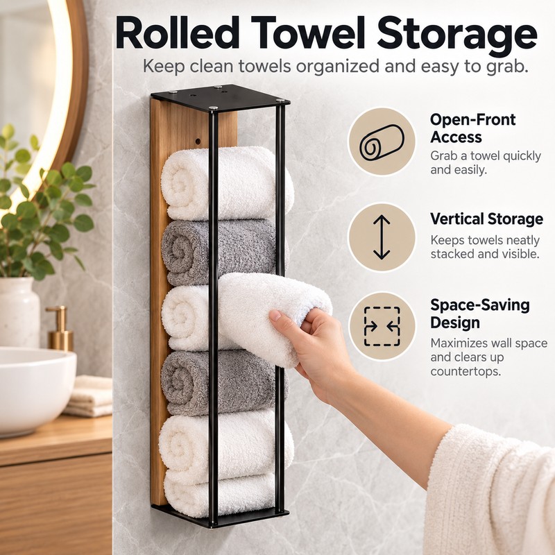 Wall-Mounted Towel Rack for Bathroom Storage – Iron & Wood