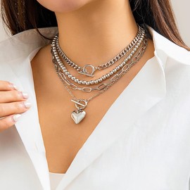 Chunky Gold Heart Necklace Layered Stackable Love Beaded Cuban OT Clasp Chain Necklace Vintage Pearl Coin Statement Necklace Jewelry for Women Wife (Silver)