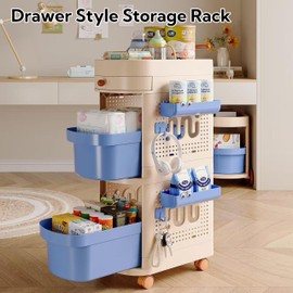 Metgoods 3-Tier Rolling Storage Cart with Drawers, Mobile Organizer Rack with Wheels, White and Blue
