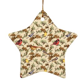 GRAPHICS & MORE Birds Songbirds Oak Leaves Acorns Pinecones Autumn Fall Star-Shaped Porcelain Holiday Christmas Tree Ornament - 3.1"