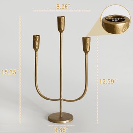 3-Candle Cast Iron Metal Candelabra Candlestick Holders 15 inch Tall Candle Holder Wedding Event Candelabra Candle Stand Brass Gold