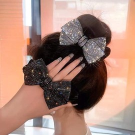Glitter Rhinestone Bow Hair Scrunchies Knotted Hairpin for Girls Cheer,Dance Recital,Birthday Shirt,Themed Party Festivals (Silver, One size)