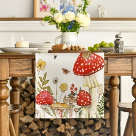 Artoid Mode Mushroom Wildflowers Spring Table Runner, Seasonal Summer Bees Butterfly Kitchen Dining Table Decoration for Home Party Decor 13x36 Inch