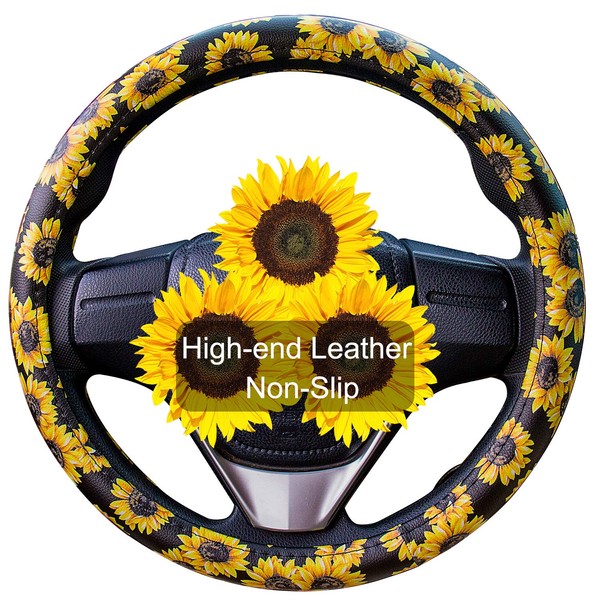Evankin Sunflower Steering Wheel Cover Cute and Handmade ,Leather Universal Steering Wheel Cover 15 inch, Fashionable Boho Sunflower Car Accessories for Women,Top Girl Car Accessories