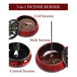 Incense Burner 3 in 1 Ceramic Stick Incense Holder for Home Decor Yoga Spa Meditation (Red)