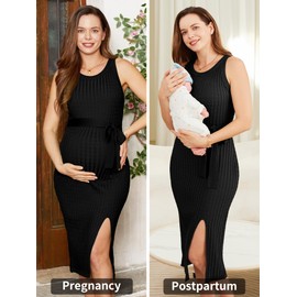 V FOR CITY Maternity Dress for Baby Shower Cable Knit Slit Pregnancy Dresses Sleeveless Bodycon Pregnant Clothes Black Medium
