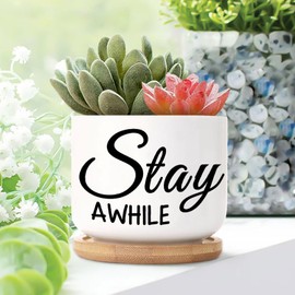 DecStic Stay Awhile Ceramic Planter Bible Verse Planters for Indoor Plants with Drainage Holes and Saucers Pot for Home Desktop Office Windowsill