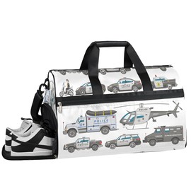 Police Car Dry Wet Depart Duffle Overnight Bag with Shoes Compartment & Wet Pockets, Policeman Motorbike Water Resistant Weekender Travel Gym Pouch For Swim Gymnastics Ballet Sleepovers