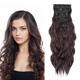 Ideal Swan Clip-In Extensions, Dark Brown, Clip-In Hair Extensions Clips, Wavy, Hairpieces, Natural, 4 Pieces, Synthetic Extensions for Women