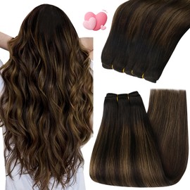 YoungSee Weft Hair Extensions Balayage Human Hair Weft Extensions Dark Brown Mix Medium Brown Highlights Brown Balayage Sew in Hair Extensions Real Human Hair Natural Luster Texture 18Inch 100G