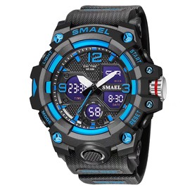 SMAEL Men's Watches Military Outdoor Waterproof Sports Wrist Watch Date Multi Function LED Alarm Stopwatch, Digital Watches for Mens, Blue, Large Face, Digital
