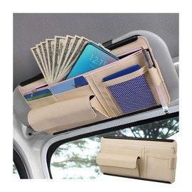 Car Sun Visor Organizer, Car Visor Pocket Wallet Pouch Holder, Vehicle Sunshade Glasses Case Storage Bag with Multi-Pocket Net Zipper, Auto Interior Accessories Universal for SUV Truck Van (Beige)