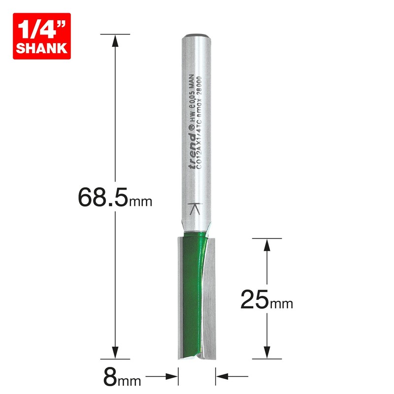 Trend CraftPro Straight Two Flute Router Cutter Bit, 1/4 Inch