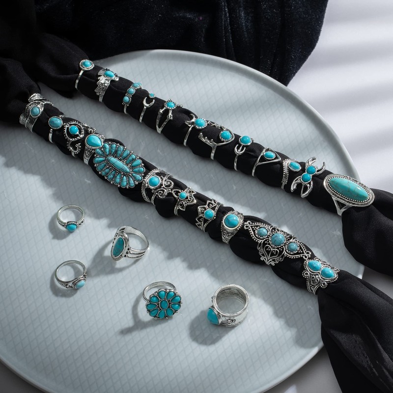 Mixcbe 50 Pcs Western Turquoise Rings Set for Women Vintage
