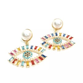 Fashion Jewelry E0329 Gold Tone Multi Rhinestones Pearl Evil Eye Design Drop Dangle Earrings