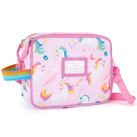 TOURIT Kids Lunch Box Insulated Lunch Bag for Girl Toddler with Water Bottle Holder, ID Tags, Water-Resistant Durable Rainbow Tote Bag Adjustable Strap Double Zipper for School, Pink Unicorn