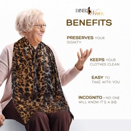 DinerWear Cravaat® X Dining Scarf, Adult Bibs with Magnet Snap Closure, Stain Resistant, Machine Washable Adult Bibs, Daily Living Aids for Dementia, Elderly Gifts, 18-21 x 34 Inches, (Leopard)