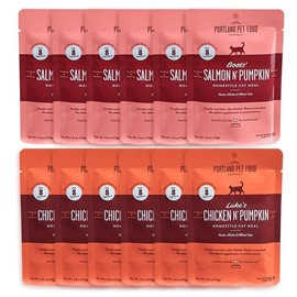 Human-Grade Mixed Variety Pack Wet Cat Food Pouch — Moist, Soft Cat Food Mixer, Topper, and Rotational Meal (6 Chicken, 6 Salmon) by Portland Pet Food Company