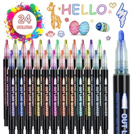iaHOME Glitter Pens Outline Pens, 24 Double Line Outline Pens Metallic Markers Pens for Arts and Crafts, DIY Projects, Greeting Cards, Gifts for Teenage Girls