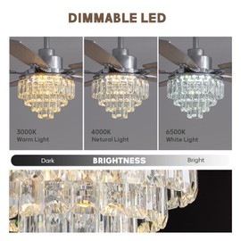 LUDOMIDE Chandelier Ceiling Fan, 52 Inch Crystal Ceiling Fan with Light, 3CCT, 6-Speed, 5-Blade Noiseless Reversible DC Motor, Remote Control, Modern Indoor Fandelier for Living Room