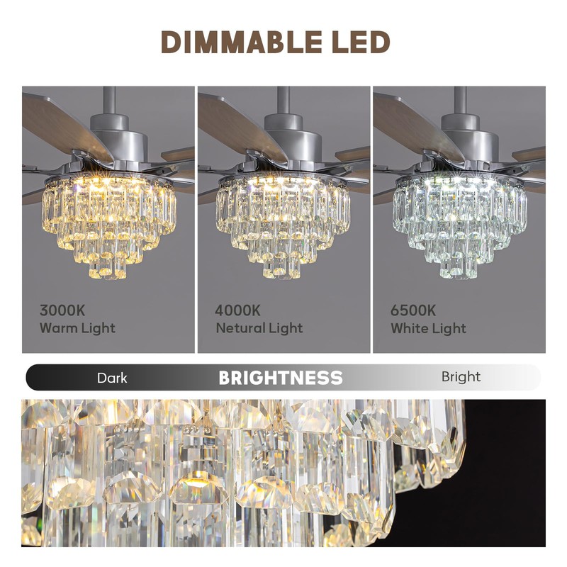 LUDOMIDE Chandelier Ceiling Fan, 52 Inch Crystal Ceiling Fan with