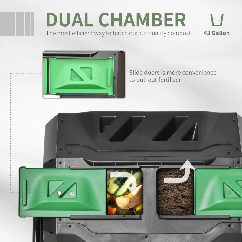 43-Gallon Green Outdoor Tumbling Compost Bin 360 Degrees Dual Chamber