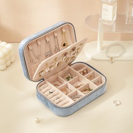 CASEGRACE Plush Velvet Travel Jewelry Box, Portable Jewelry Case for Women Girls, Double Layer Jewelry Organizer Display Box for Necklace Earring Rings Bracelet, Travel Accessory Gifts, blue