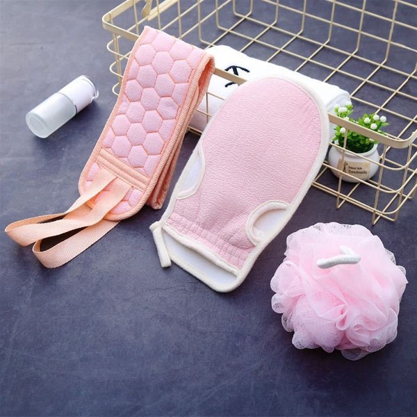 Shower Scrubbing Mitt 3pcs/Set Body Cleaning Washcloth Soft Brush Home Bathroom Shower Ball Back Scrubber Set Exfoliating Skin Towel Bath Glove (Color : Pink)
