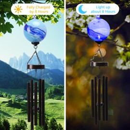 Taman Solar Wind Chime - Mosaic Glass Solar Lights Wind Chimes for Outside Deep Tone Decorative Memorial Gift for Home, Outdoor, Yard, Patio, Balcony, Garden Decor, 35"