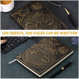 FEIDIAO Vintage Map Embossed Leather Notebook Travel Journal-Daily Notepad-Business Notebook-Drawing Notebook, Antique Handmade,Lined Hardcover with a Comfortable-Holding Black Signing Pen(A5)