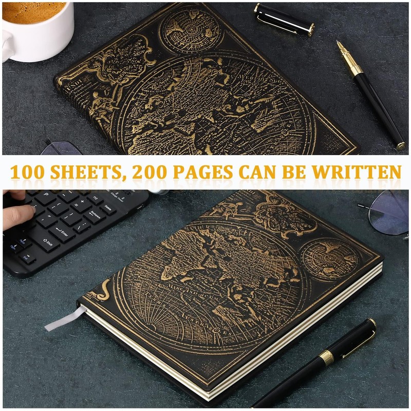 FEIDIAO Vintage Map Embossed Leather Notebook Travel Journal-Daily Notepad-Business Notebook-Drawing